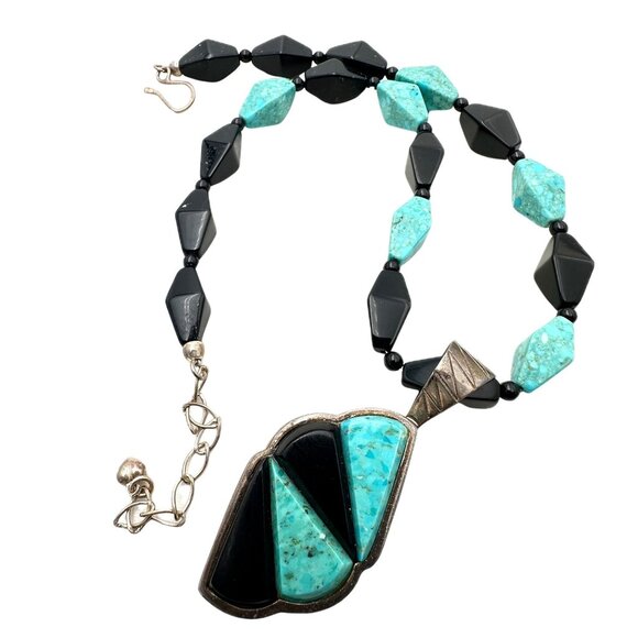 Jay King Necklace Sterling Silver Turquoise Black Onyx Pendant 16 to 18 Inch - Picture 1 of 3